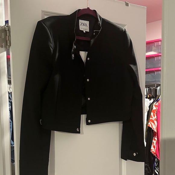 Zara Women's Chic Black Motto Collar Jacket - Picture 2 of 6